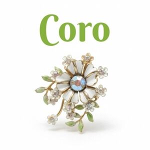 Vintage Coro White Enamal & Rhinestone Flower Bouquet Brooch Pin